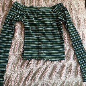 Green off the shoulder striped shirt